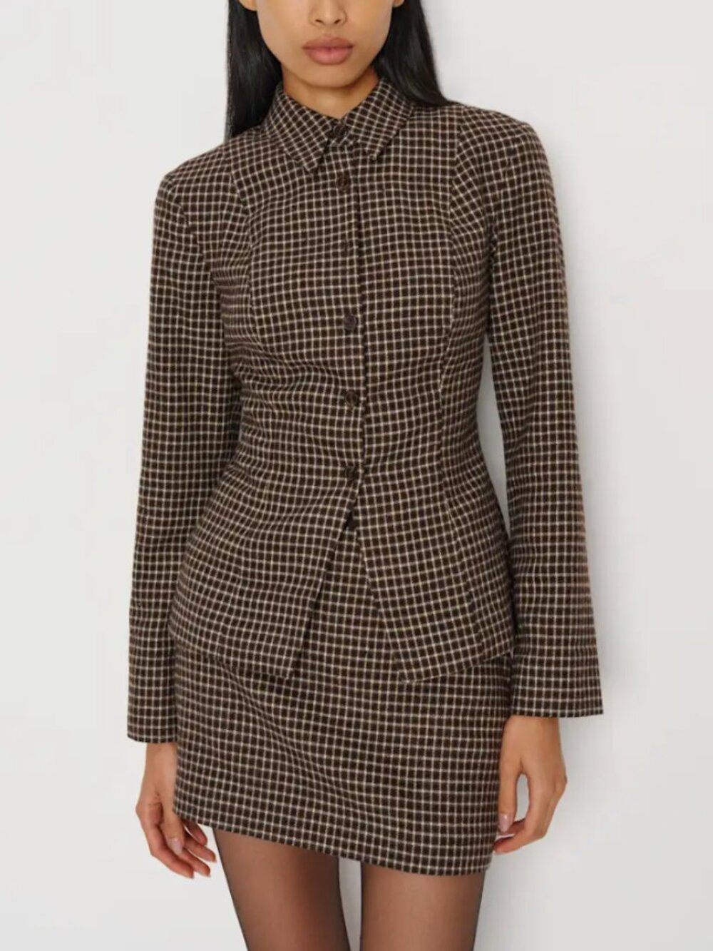 Reformation Chloe Brown Check Skirt Blazer Set - Size 0